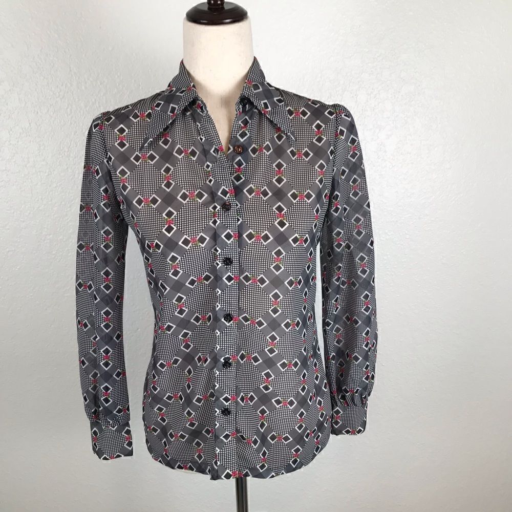 Vintage Jonquil geometric check semi-sheer blouse M‎